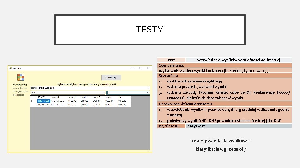 TESTY test wyświetlanie wyników w zależności od średniej Opis działania: użytkownik wybiera wyniki konkurencji