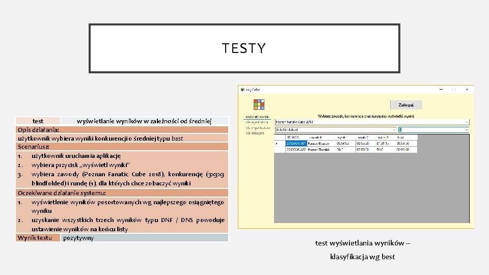 TESTY test wyświetlanie wyników w zależności od średniej Opis działania: użytkownik wybiera wyniki konkurencji