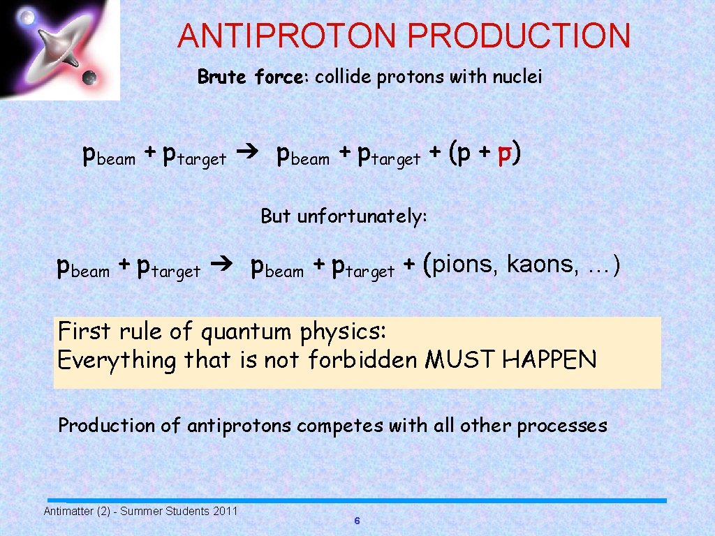 ANTIPROTON PRODUCTION Brute force: collide protons with nuclei pbeam + ptarget ➔ pbeam +