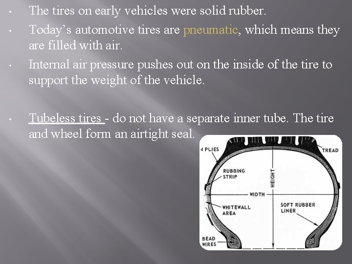  • • The tires on early vehicles were solid rubber. Today’s automotive tires