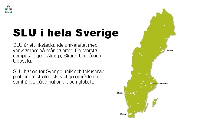 SLU i hela Sverige SLU är ett rikstäckande universitet med verksamhet på många orter.