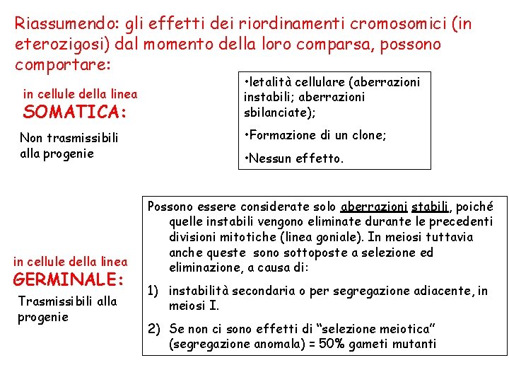 Riassumendo: gli effetti dei riordinamenti cromosomici (in eterozigosi) dal momento della loro comparsa, possono