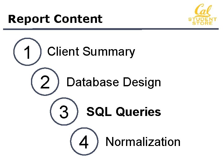 Report Content 1 Client Summary 2 Database Design 3 SQL Queries 4 Normalization 