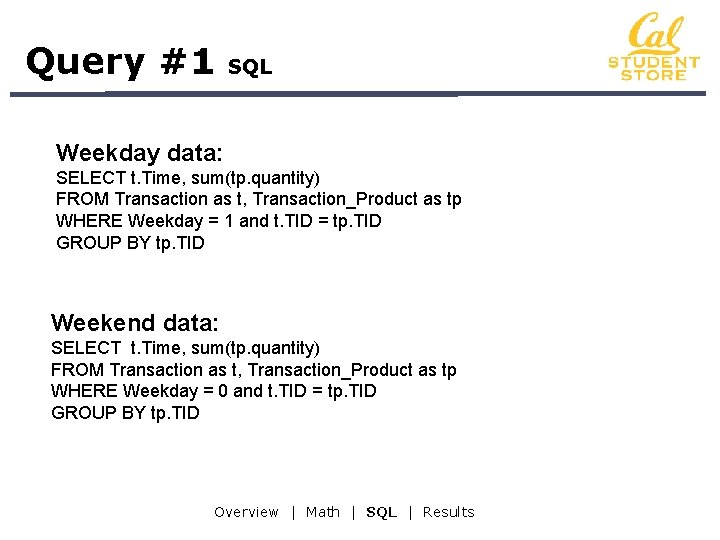 Query #1 SQL Weekday data: SELECT t. Time, sum(tp. quantity) FROM Transaction as t,