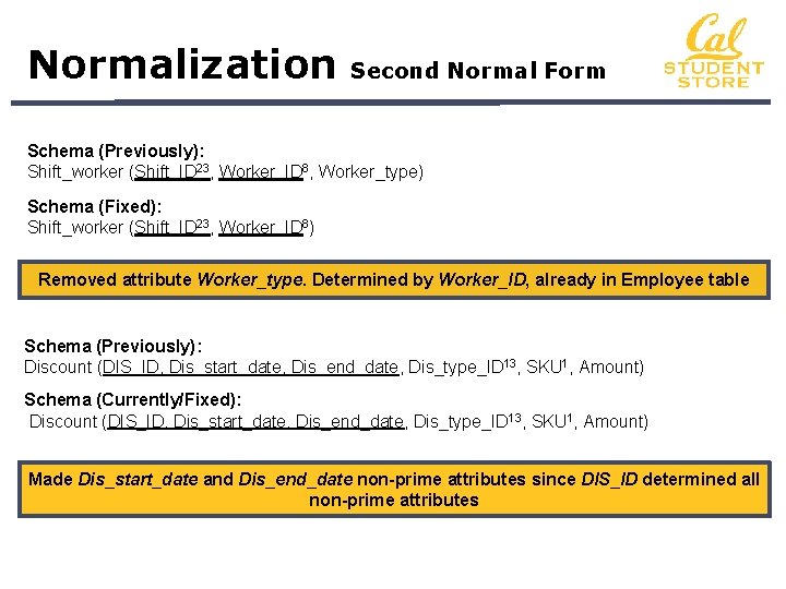 Normalization Second Normal Form Schema (Previously): Shift_worker (Shift_ID 23, Worker_ID 8, Worker_type) Schema (Fixed):