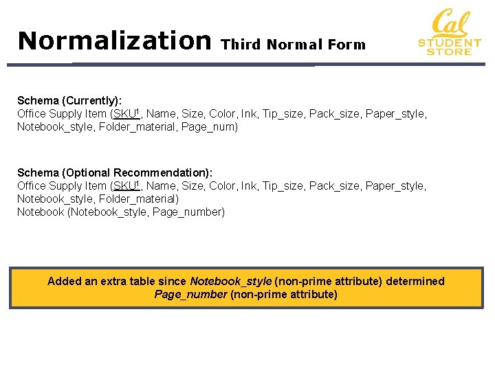Normalization Third Normal Form Schema (Currently): Office Supply Item (SKU 1, Name, Size, Color,