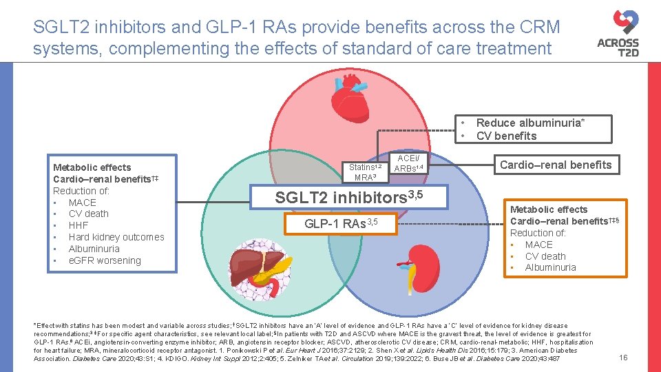 SGLT 2 inhibitors and GLP-1 RAs provide benefits across the CRM systems, complementing the