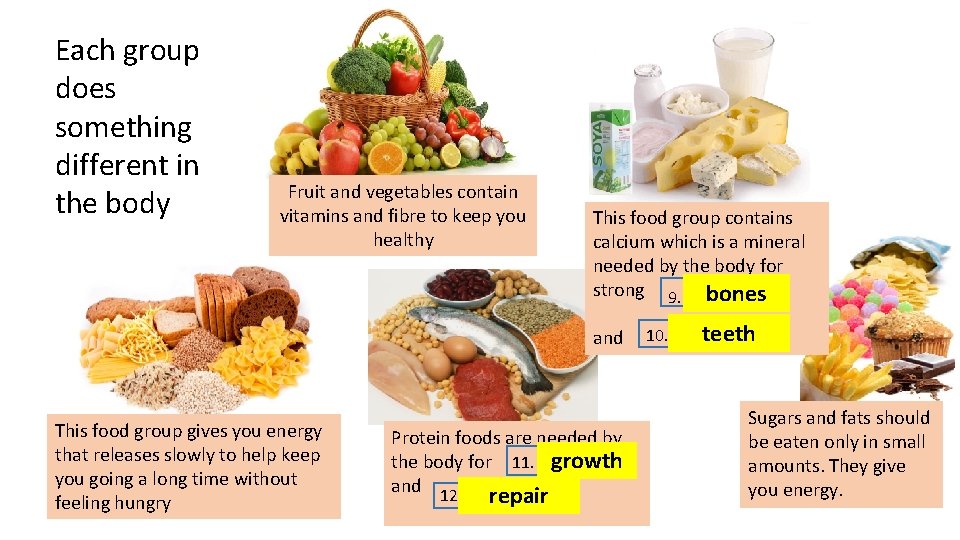 Each group does something different in the body Fruit and vegetables contain vitamins and