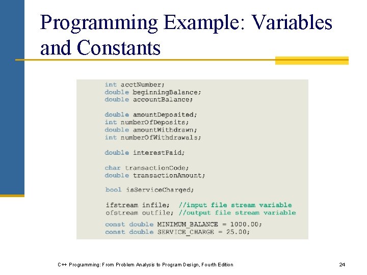 Programming Example: Variables and Constants C++ Programming: From Problem Analysis to Program Design, Fourth Programming Example: Variables and Constants C++ Programming: From Problem Analysis to Program Design, Fourth