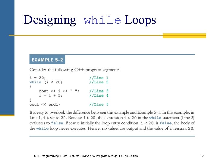 Designing while Loops C++ Programming: From Problem Analysis to Program Design, Fourth Edition 7 Designing while Loops C++ Programming: From Problem Analysis to Program Design, Fourth Edition 7