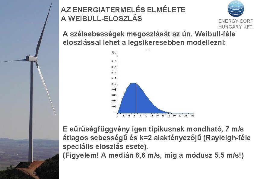 AZ ENERGIATERMELÉS ELMÉLETE A WEIBULL-ELOSZLÁS A szélsebességek megoszlását az ún. Weibull-féle eloszlással lehet a