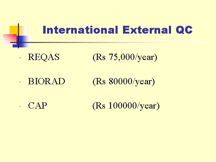 International External QC REQAS (Rs 75, 000/year) BIORAD (Rs 80000/year) CAP (Rs 100000/year) 