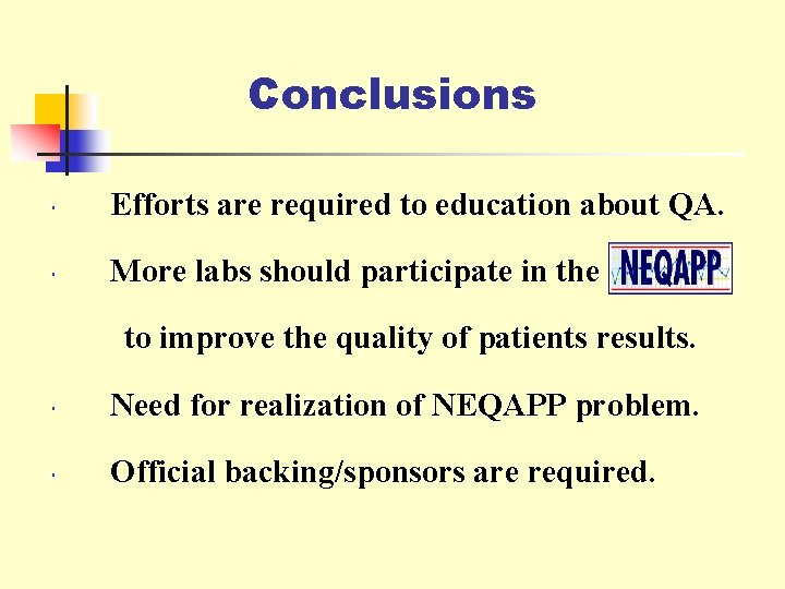 Conclusions Efforts are required to education about QA. More labs should participate in the