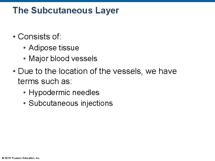 The Subcutaneous Layer • Consists of: • Adipose tissue • Major blood vessels • The Subcutaneous Layer • Consists of: • Adipose tissue • Major blood vessels •