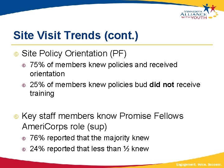 Site Visit Trends (cont. ) Site Policy Orientation (PF) 75% of members knew policies