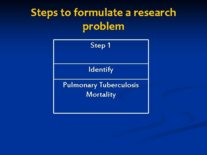 Steps to formulate a research problem Step 1 Identify Pulmonary Tuberculosis Mortality 