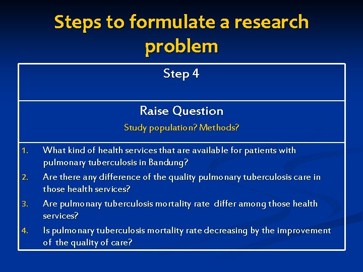 Steps to formulate a research problem Step 4 Raise Question Study population? Methods? 1.