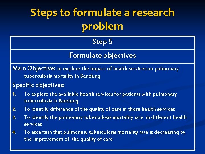 Steps to formulate a research problem Step 5 Formulate objectives Main Objective: to explore