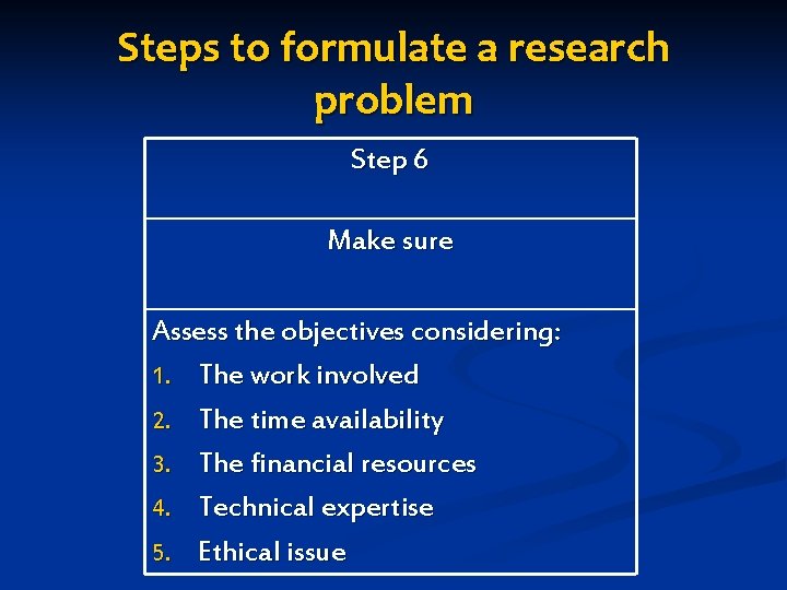 Steps to formulate a research problem Step 6 Make sure Assess the objectives considering: