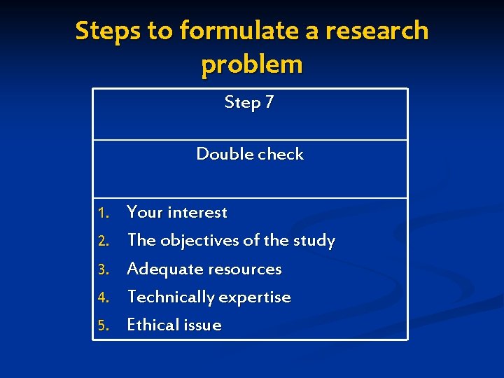 Steps to formulate a research problem Step 7 Double check 1. Your interest 2.