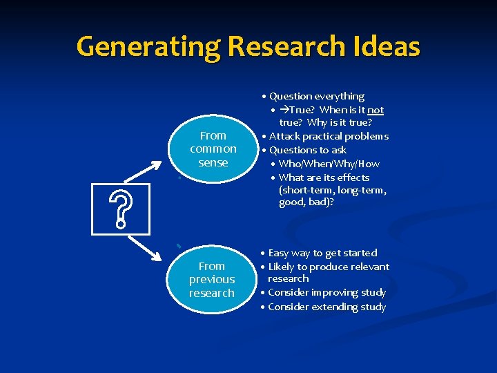 Generating Research Ideas From common sense • Question everything • True? When is it