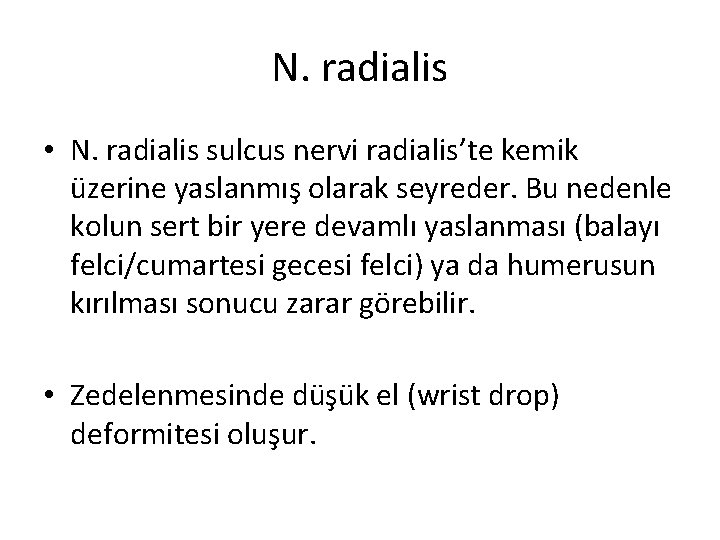 N. radialis • N. radialis sulcus nervi radialis’te kemik üzerine yaslanmış olarak seyreder. Bu