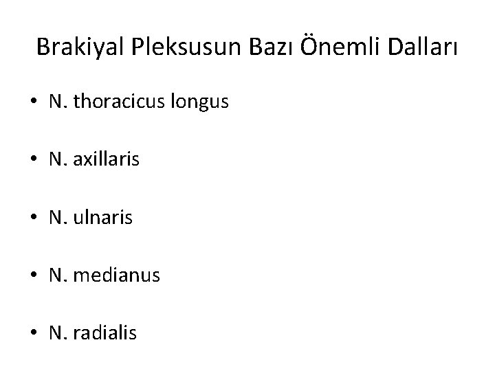 Brakiyal Pleksusun Bazı Önemli Dalları • N. thoracicus longus • N. axillaris • N.