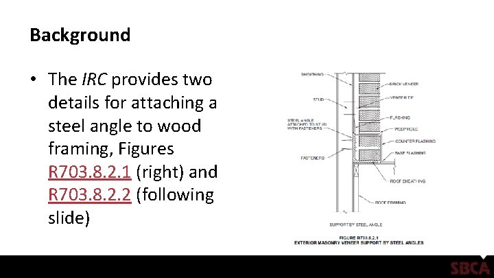 Background • The IRC provides two details for attaching a steel angle to wood