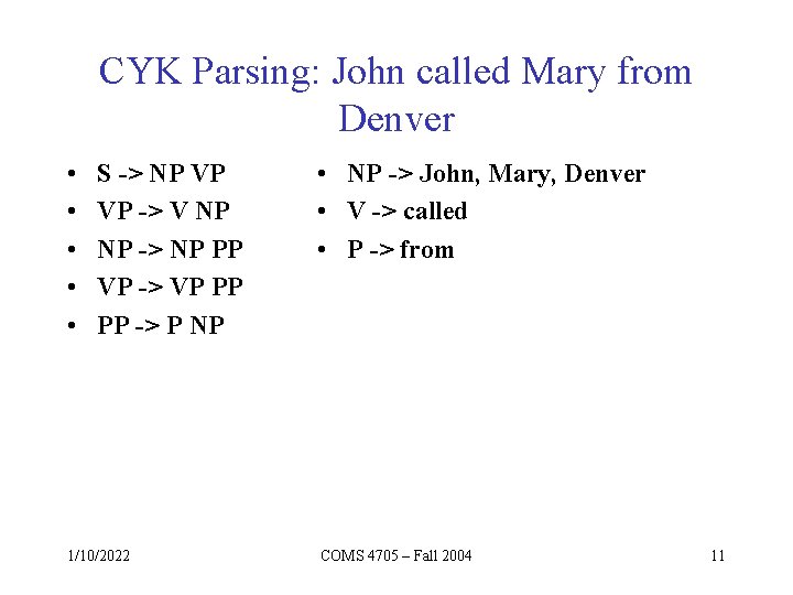 CYK Parsing: John called Mary from Denver • • • S -> NP VP