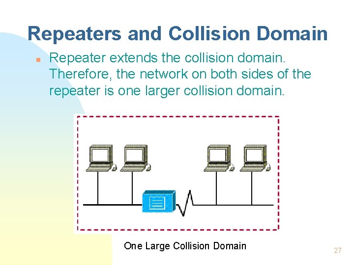 Repeaters and Collision Domain n Repeater extends the collision domain. Therefore, the network on