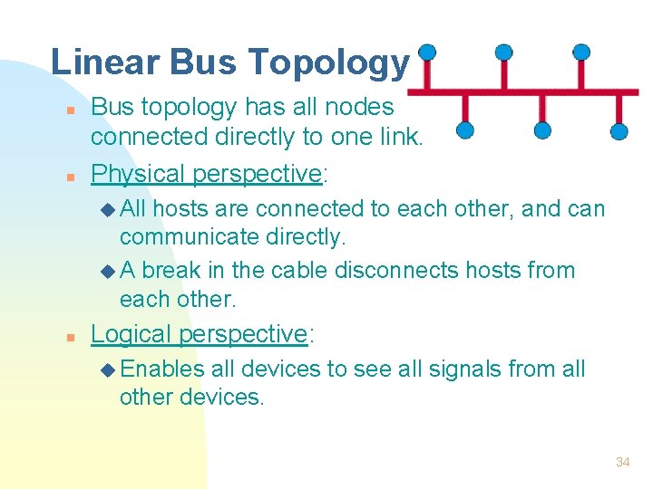 Linear Bus Topology n n Bus topology has all nodes connected directly to one