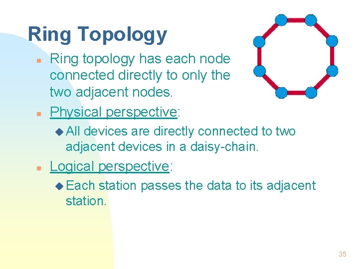 Ring Topology n n Ring topology has each node connected directly to only the