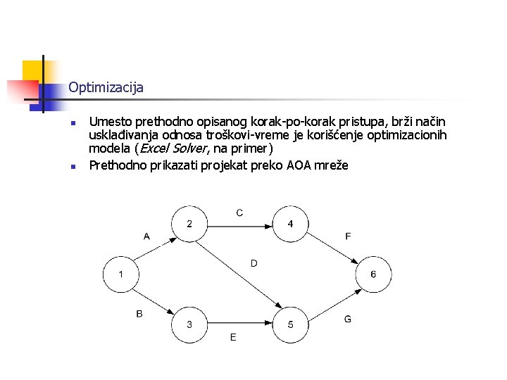 Optimizacija n n Umesto prethodno opisanog korak-po-korak pristupa, brži način usklađivanja odnosa troškovi-vreme je