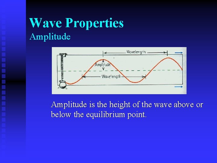 Wave Properties Amplitude is the height of the wave above or below the equilibrium