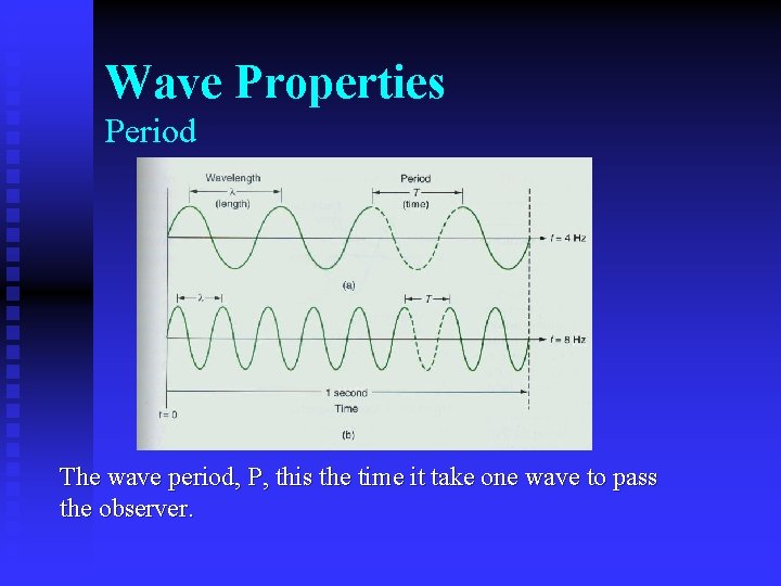 Wave Properties Period The wave period, P, this the time it take one wave