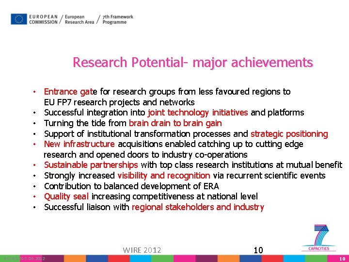 Research Potential- major achievements • Entrance gate for research groups from less favoured regions