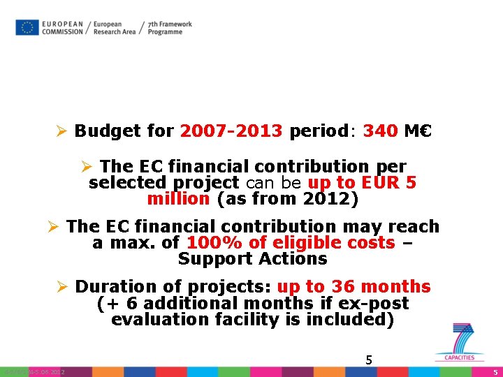 Ø Budget for 2007 -2013 period: 340 M€ Ø The EC financial contribution per