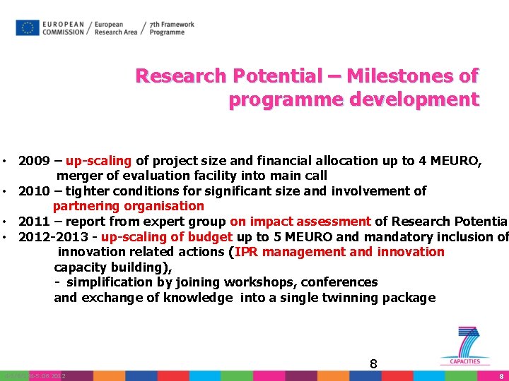 Research Potential – Milestones of programme development • 2009 – up-scaling of project size