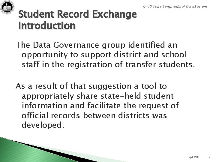 Student Record Exchange Introduction K-12 State Longitudinal Data System The Data Governance group identified