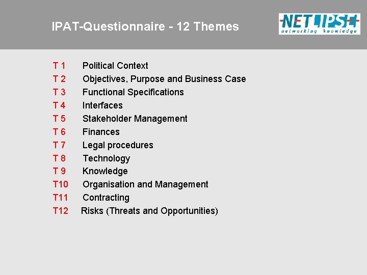 IPAT-Questionnaire - 12 Themes T 1 T 2 T 3 T 4 T 5