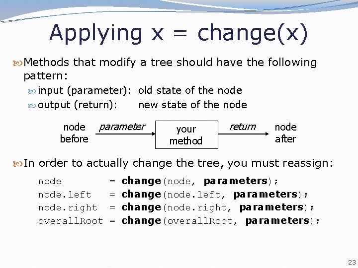 Applying x = change(x) Methods that modify a tree should have the following pattern: