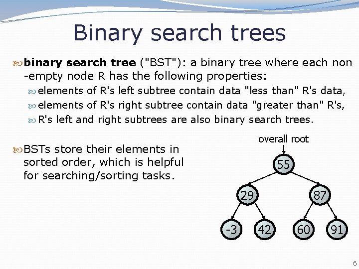 Binary search trees binary search tree ("BST"): a binary tree where each non -empty