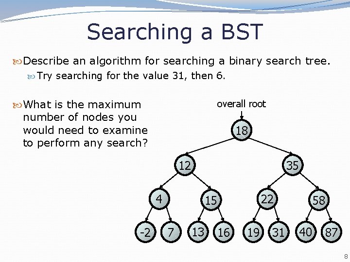 Searching a BST Describe an algorithm for searching a binary search tree. Try searching