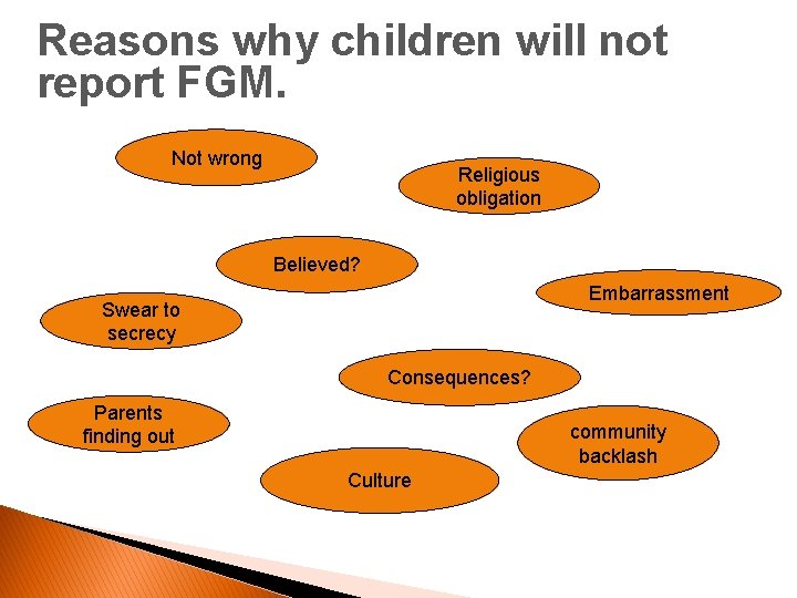 Reasons why children will not report FGM. Not wrong Religious obligation Believed? Embarrassment Swear
