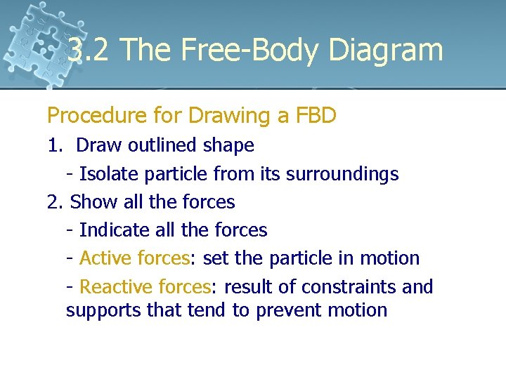 3. 2 The Free-Body Diagram Procedure for Drawing a FBD 1. Draw outlined shape