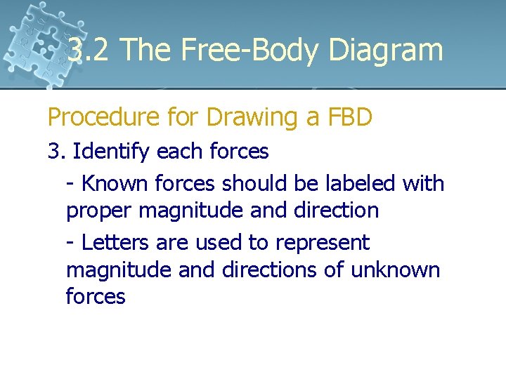 3. 2 The Free-Body Diagram Procedure for Drawing a FBD 3. Identify each forces