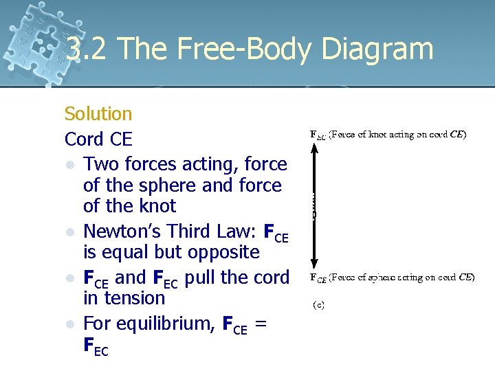 3. 2 The Free-Body Diagram Solution Cord CE l Two forces acting, force of