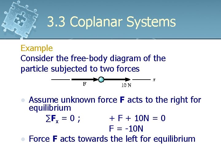 3. 3 Coplanar Systems Example Consider the free-body diagram of the particle subjected to