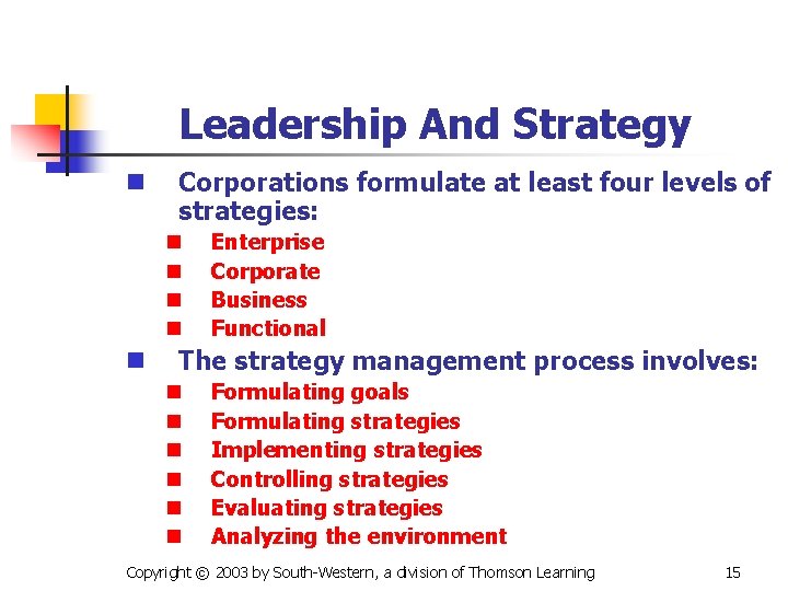 Leadership And Strategy n Corporations formulate at least four levels of strategies: n n
