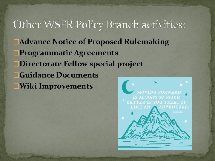 Other WSFR Policy Branch activities: �Advance Notice of Proposed Rulemaking �Programmatic Agreements �Directorate Fellow